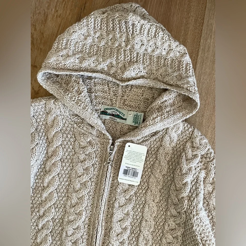 ARAN Ireland 100% Merino Wool Full Zip Sweater Coat Oatmeal L Chunky‎ Fisherman - Picture 4 of 10